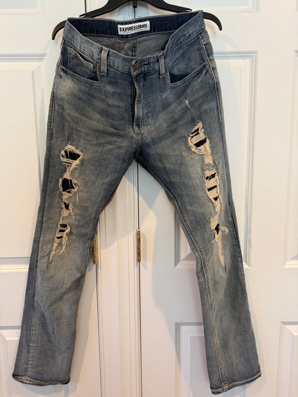 Express Men's Slim Straight Distressed Light Blue Jeans